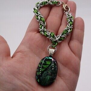Handmade Woven Chain Maille Green & Silver Pendant Bracelet